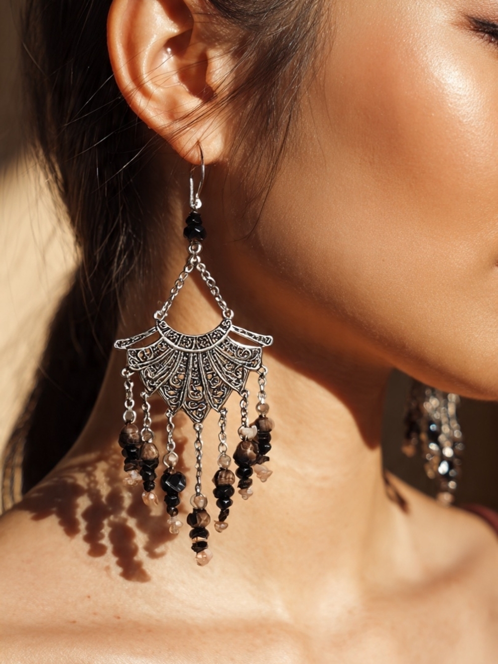 Bohemian Silver Fan Drop Earrings with Black and Brown Beads
